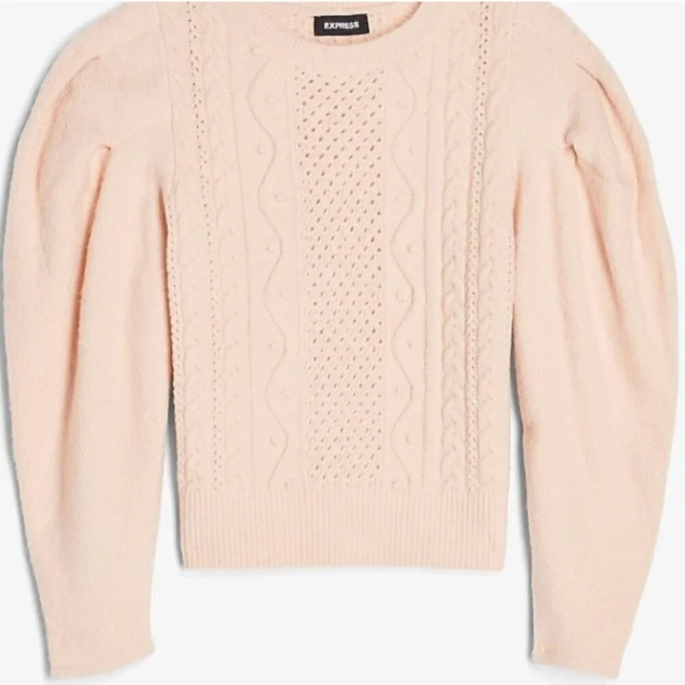 Express Blush Exaggerated Puff Sleeve Cable Knit Acrylic Wool Blend Sweater Size